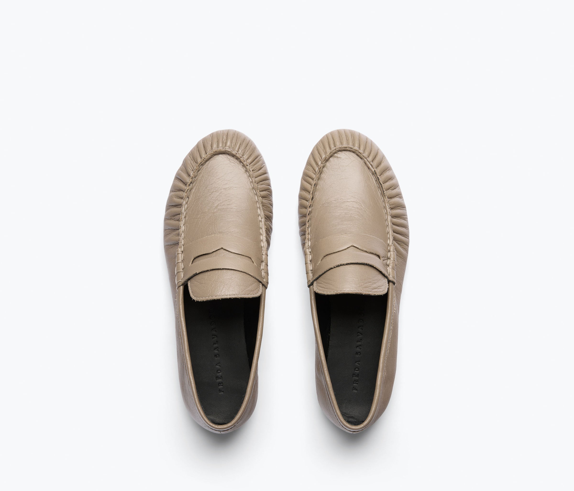 SYDNEY ruched penny loafer in mushroom crinkle calf leather, top view