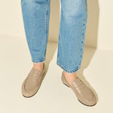 SYDNEY ruched penny loafer in mushroom crinkle calf leather, on figure