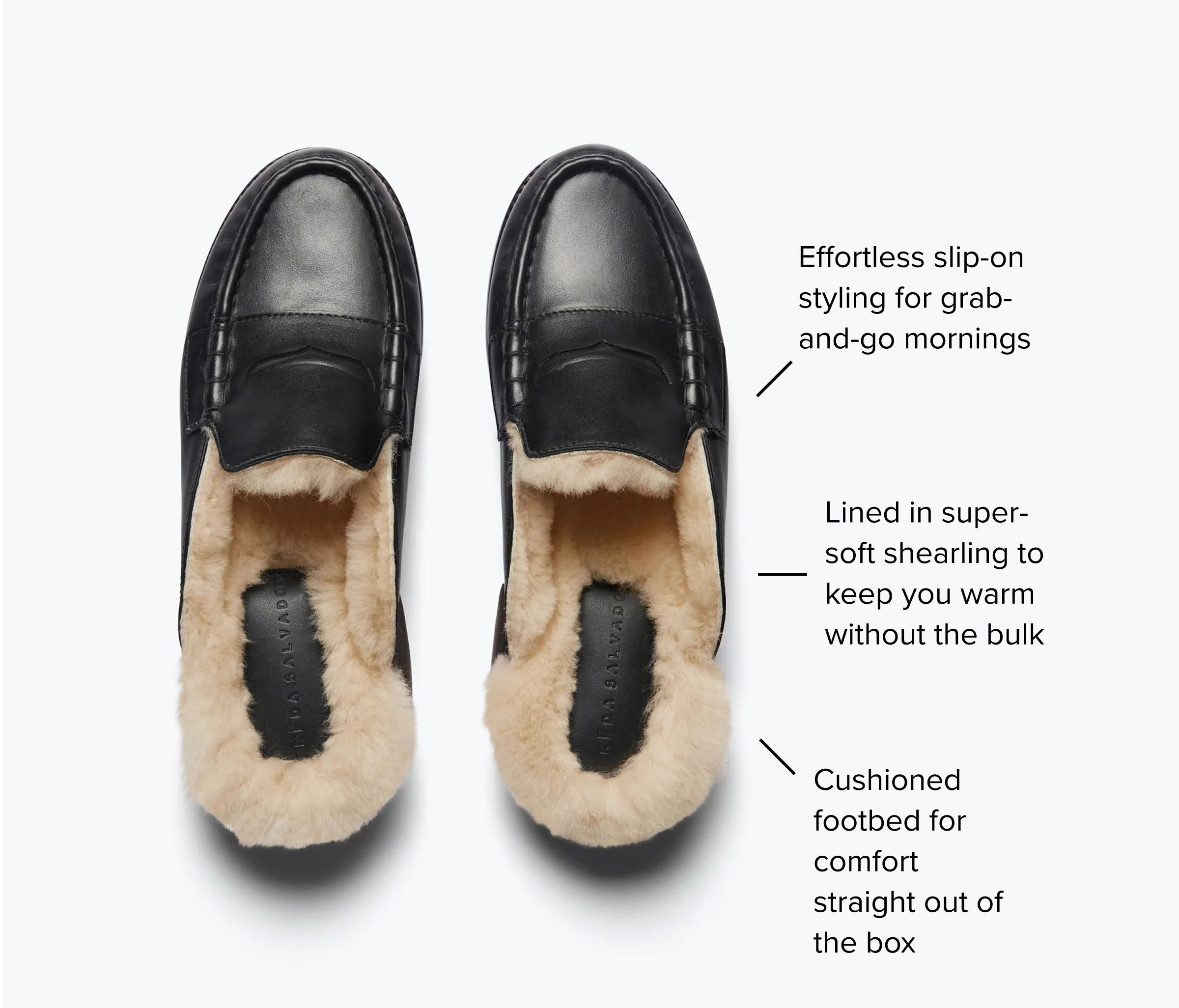 Black FREDA SALVADOR TEMI shearling penny loafer mule with calf shearling lining