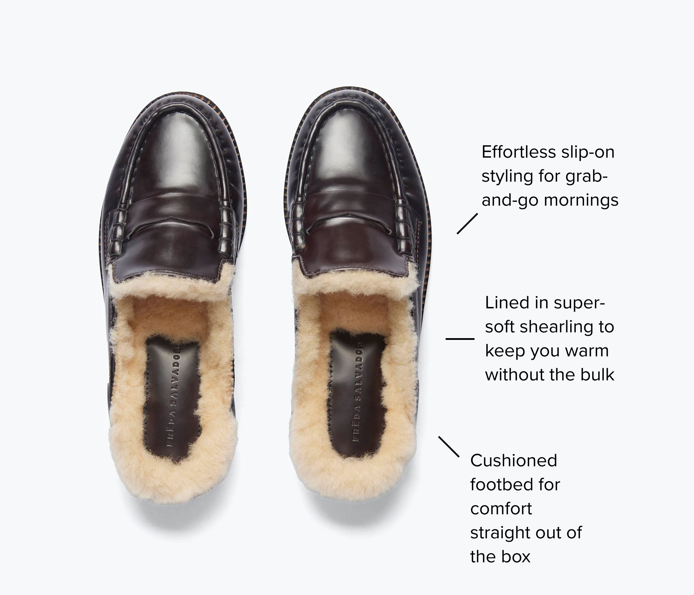 FREDA SALVADOR Temi shearling penny loafer mule in espresso calf leather with shearling lining