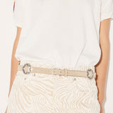 Freda Salvador TESS belt in Sahara suede, stylish tan belt with sleek design and adjustable buckle for women.