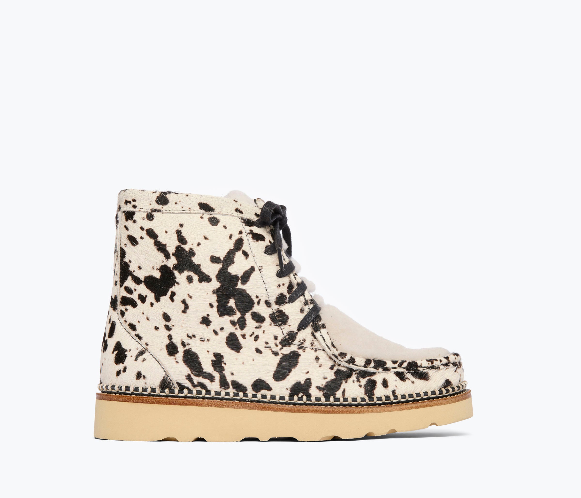 Freda Salvador Winnie haircalf moccasin boot with shearling lining, front view