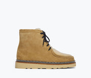Freda Salvador Winnie moccasin boot in hazel with sherling lining, front view showing soft leather and cozy interior.