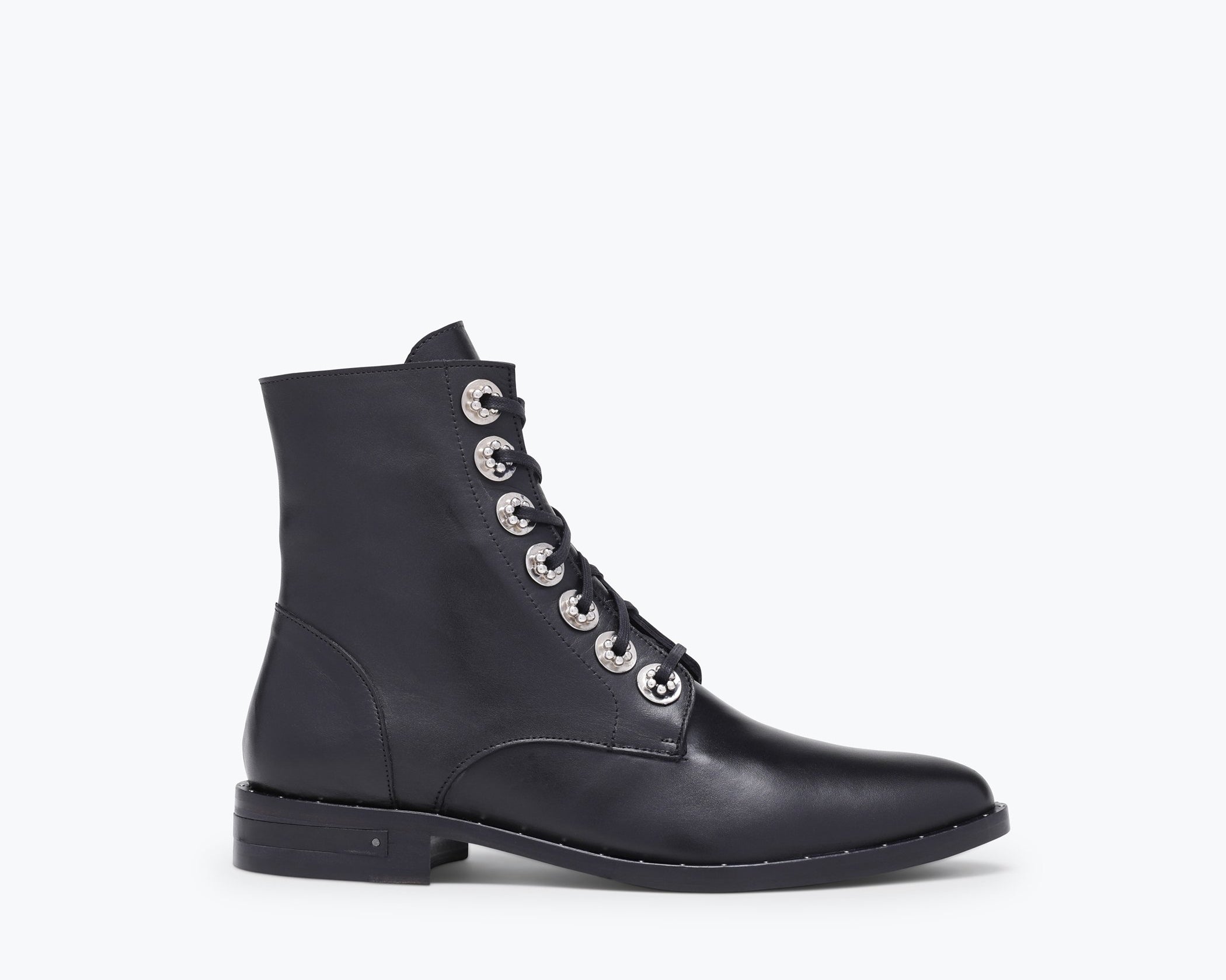 Freda Salvador RALF lace-up boot showing black leather upper, sturdy sole, and classic ankle-height design.