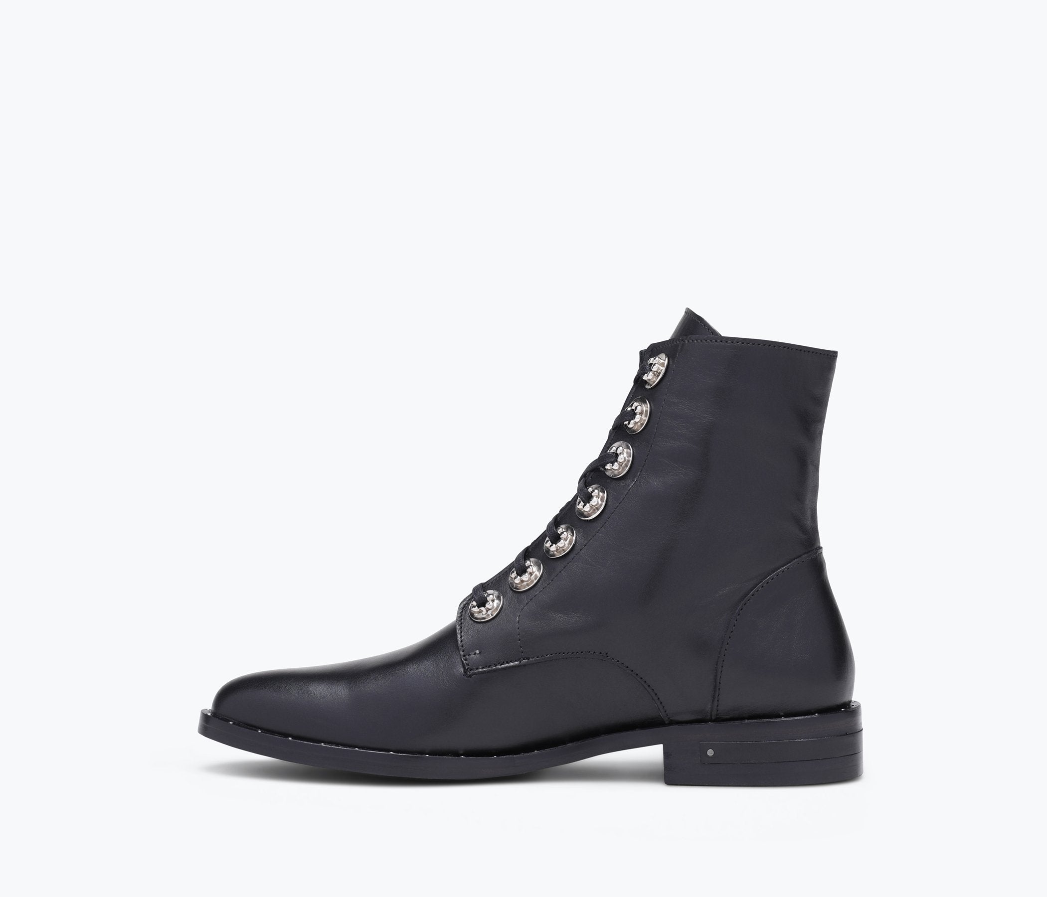 Freda Salvador RALF lace-up boot showing black leather upper, sturdy sole, and classic design with laces and ankle height.
