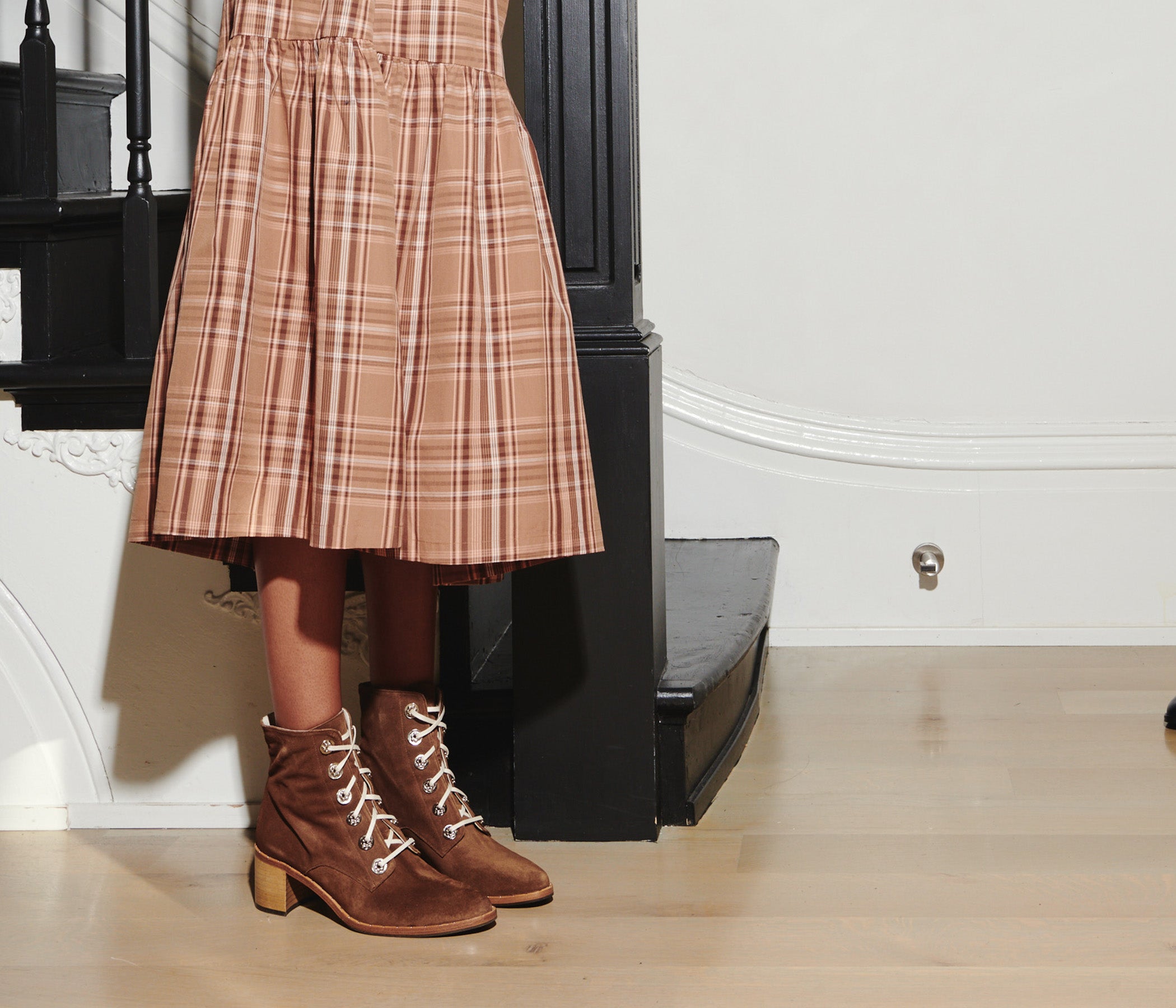 Brown suede ACE lace-up boots by FRĒDA SALVADOR with sturdy soles and classic design, perfect for casual fall outfits.
