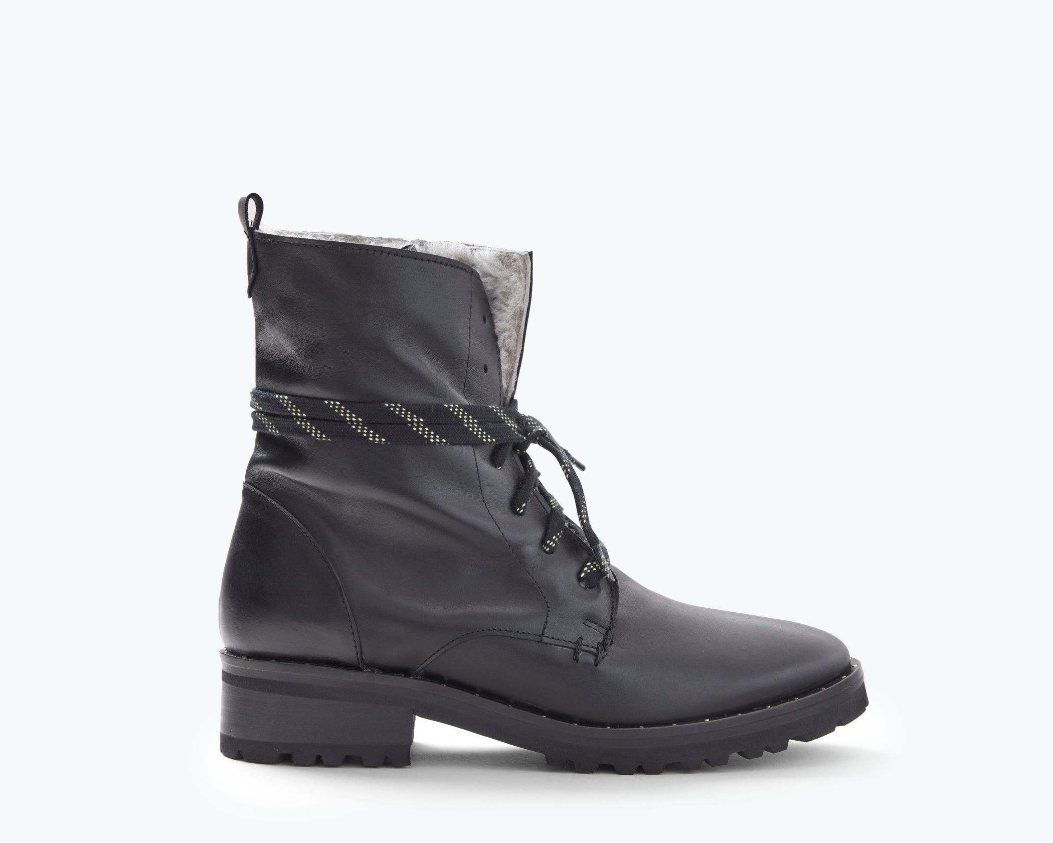 FRĒDA SALVADOR hike boot with shearling lining and rugged sole, shown from the front view.
