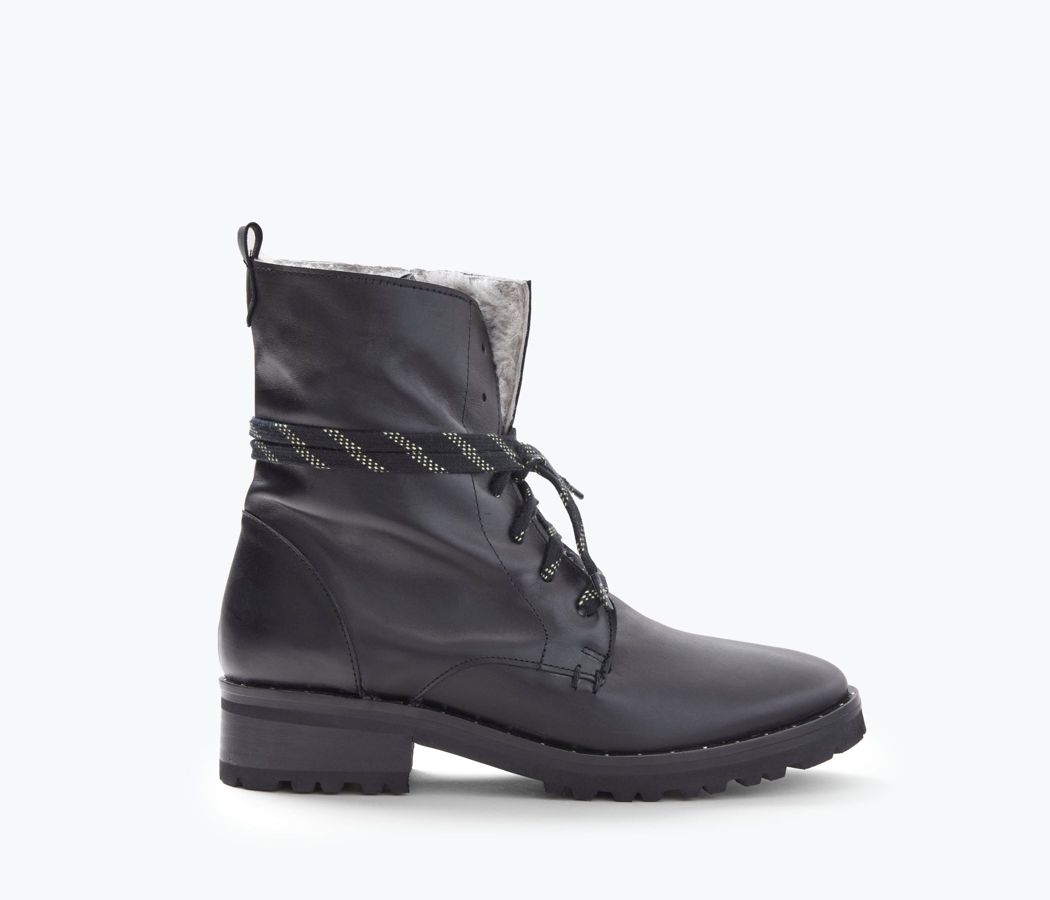 FRĒDA SALVADOR hike boot with shearling lining and rugged sole, shown from the front view.