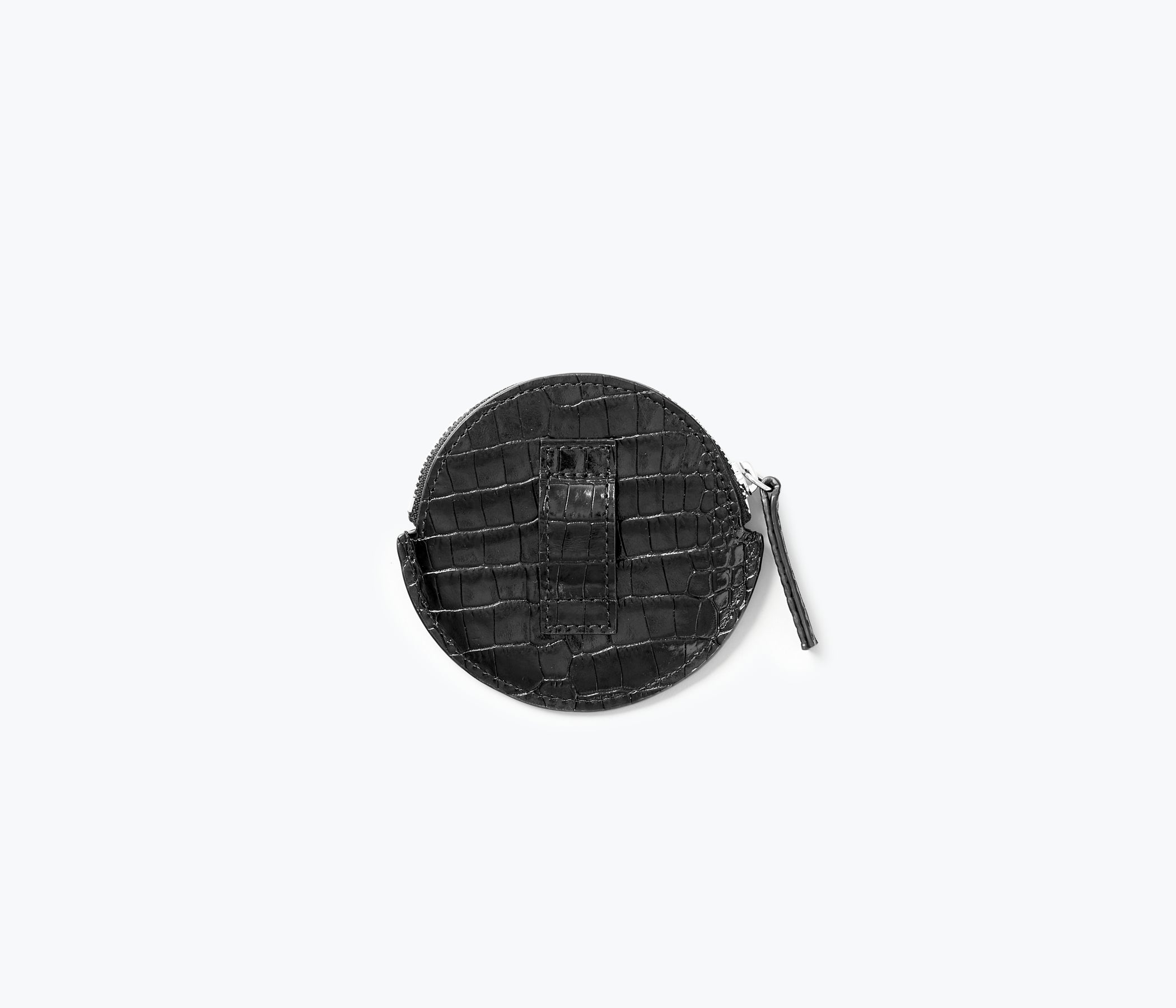 Freda Salvador JO Small Circle Pouch bag with back view, compact SLG design in smooth material, featuring a circular shape and subtle branding.
