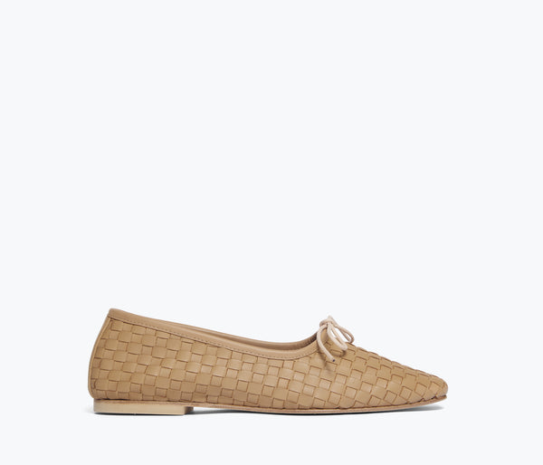 Freda Salvador JADA square toe ballet flat in latte woven fabric, showcasing a stylish and comfortable flat sh