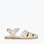 Freda Salvador SERA fisherman sandal in dove white with stud details, front view showing open toe and strap design.