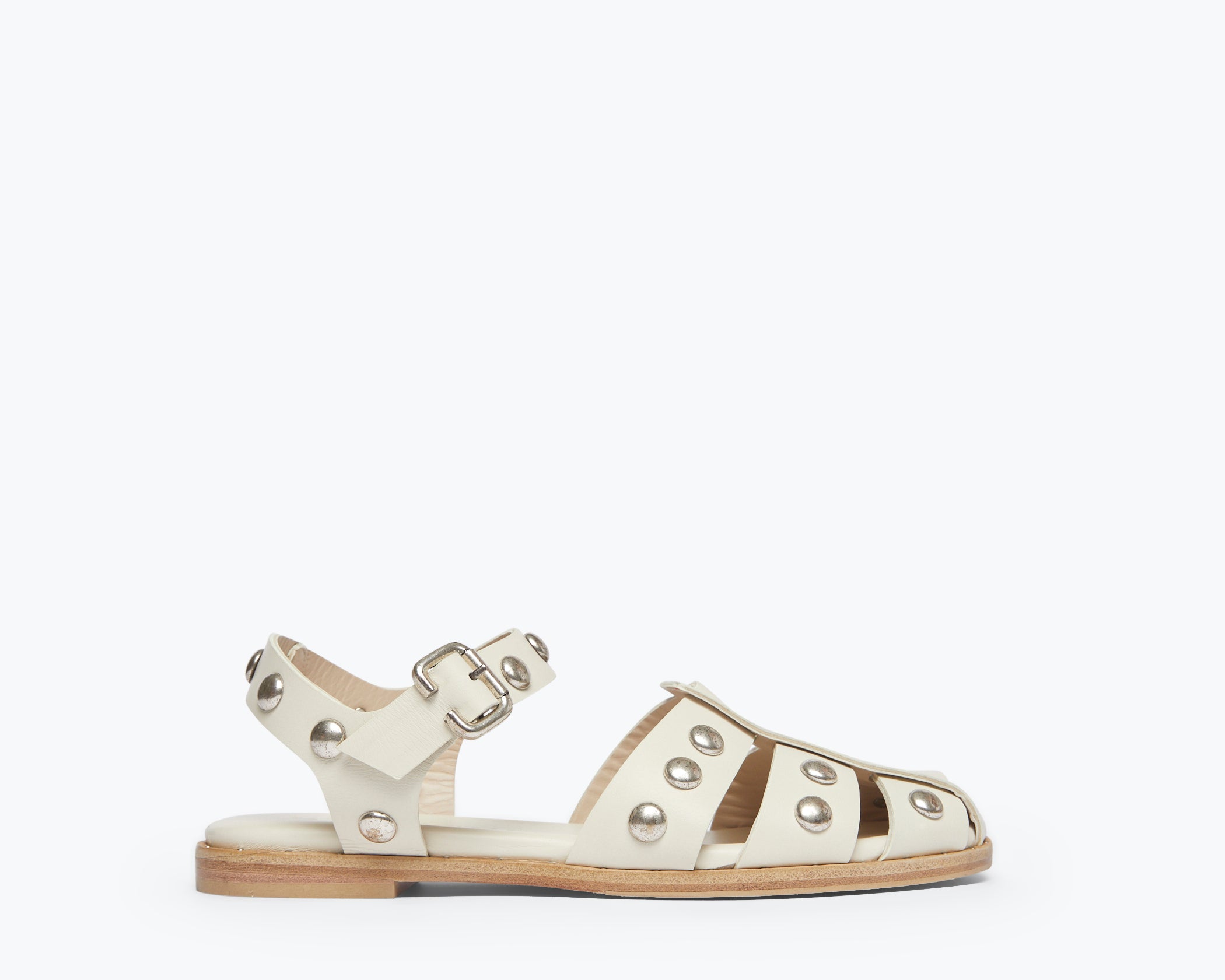 Freda Salvador SERA fisherman sandal in dove white with stud details, front view showing open toe and strap design.