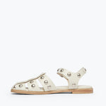 Freda Salvador Sera fisherman sandal in dove white with studded detailing and inside view showing comfortable design.