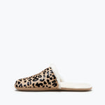 Freda Salvador James shearling slip-on slippers in tan and black, showing soft shearling lining and comfortable interior.