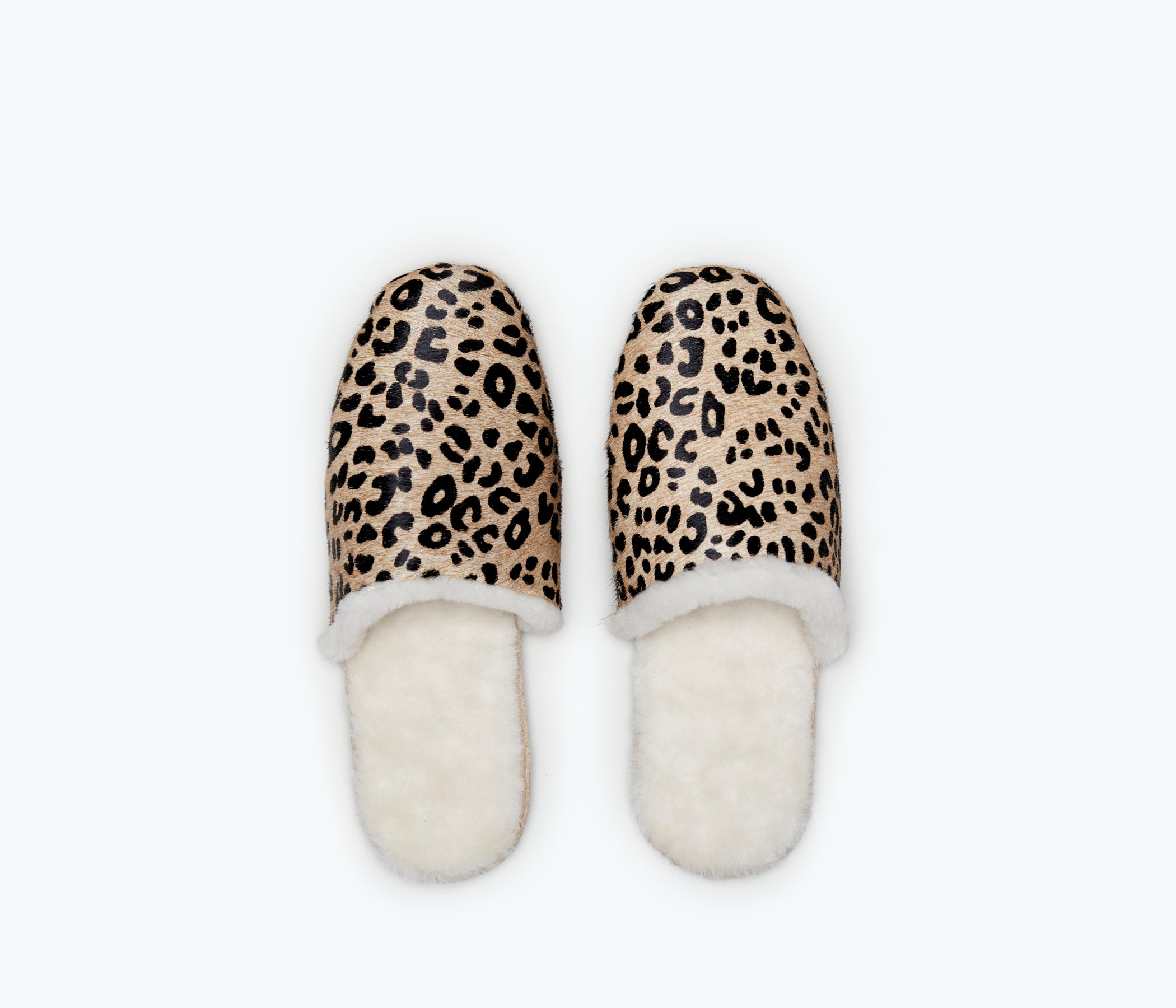 FREDA SALVADOR James Shearling Slippers in tan and black with soft shearling lining, stylish slip-on design, top view.